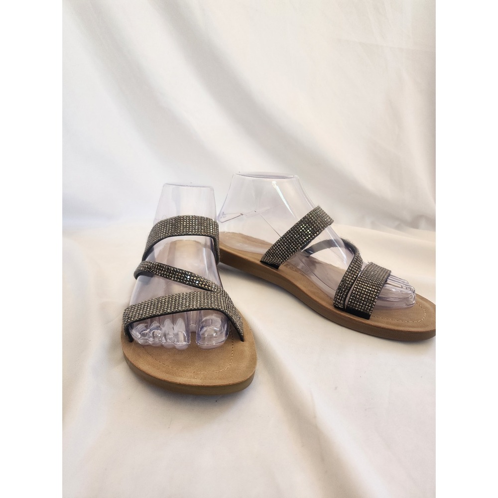 Alpine Swiss Rhinestone Strappy Flat Sandals Sparkly Slide Shoes Black 8 New